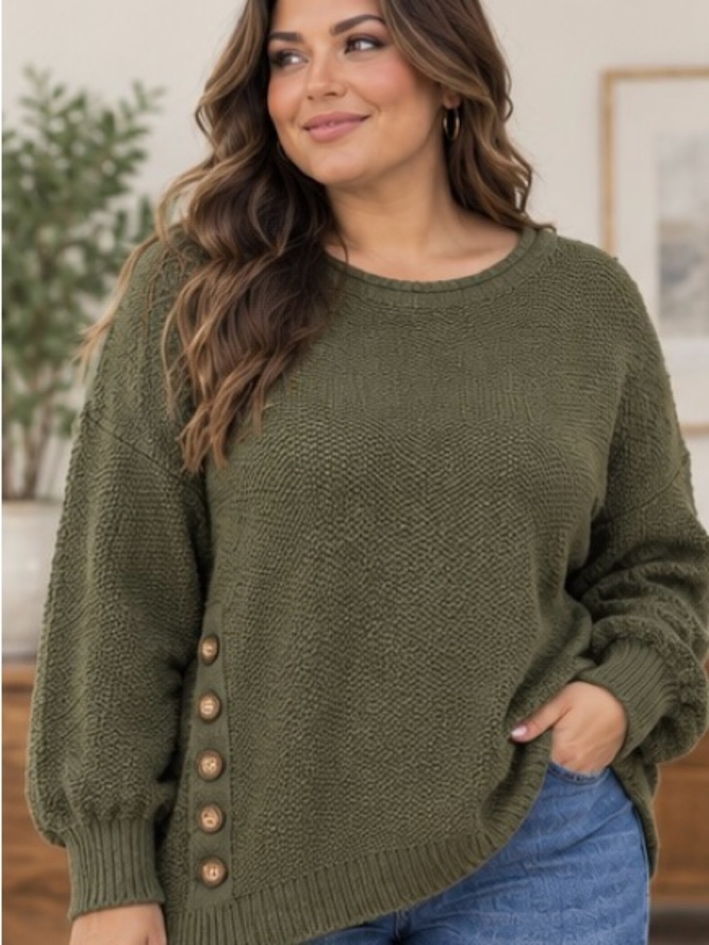 Olive Green Artisan Textured Button-Side Knit Sweater Size XL